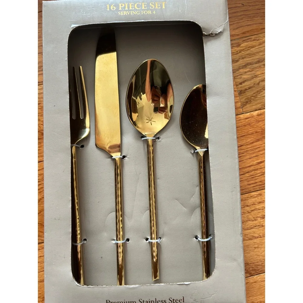 Venus Gift 16 Piece Gold Stainless Steel Flatware Set Hammered Service for 4